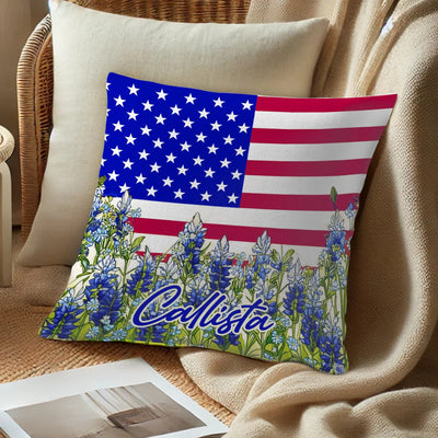 Custom Pillow - American Flag and Bluebonnet - Personalized 4th of July Day Gifts image 2