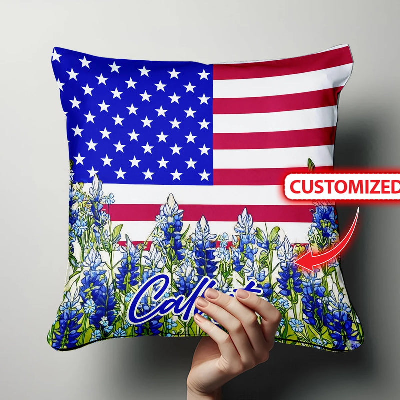 Custom Pillow - American Flag and Bluebonnet - Personalized 4th of July Day Gifts image 5