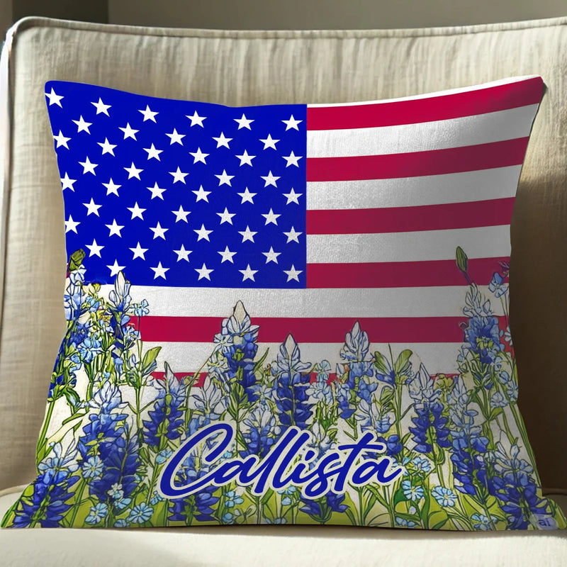 Custom Pillow - American Flag and Bluebonnet - Personalized 4th of July Day Gifts image 0