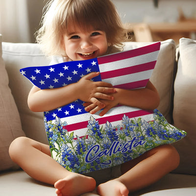 Custom Pillow - American Flag and Bluebonnet - Personalized 4th of July Day Gifts image 1